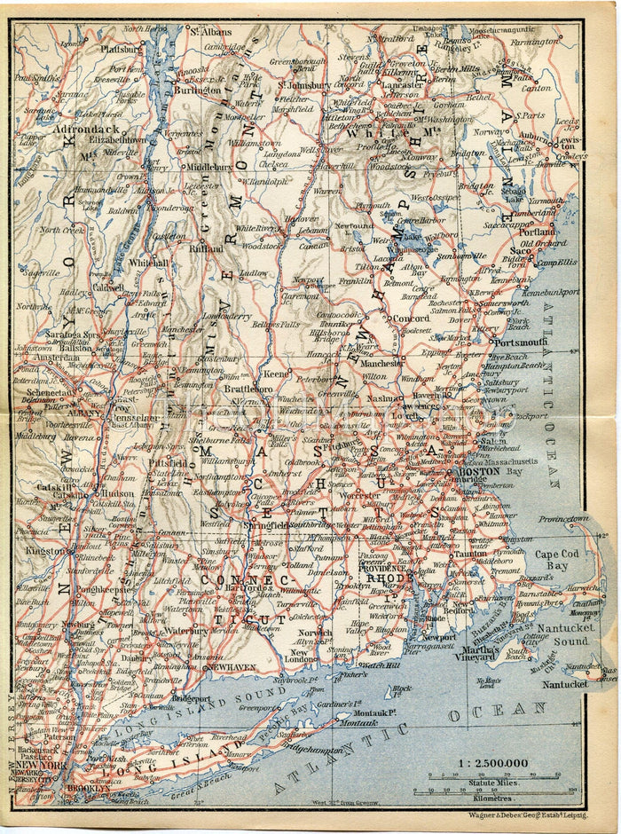 1899 Connecticut, Rhode Island, Massachusetts, New Hampshire, Boston, Providence, Portsmouth, New York, United States, Antique Baedeker Map
