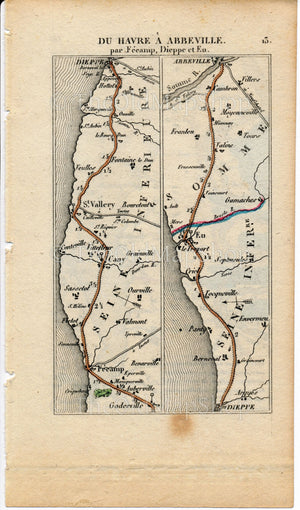 Rare 1826 A M Perrot Road Map - Dieppe, Fecamp, Abbeville, Le Treport, Rouen, Duclair, Lillebonne, Honfleur, Le Havre, France 13/14