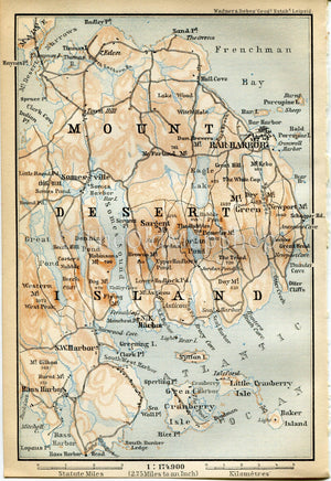 1899 Mount Desert Island, Bar Harbour, Mt Desert, Southwest Harbour, Great Cranberry Island, Main, United States, Antique Baedeker Map