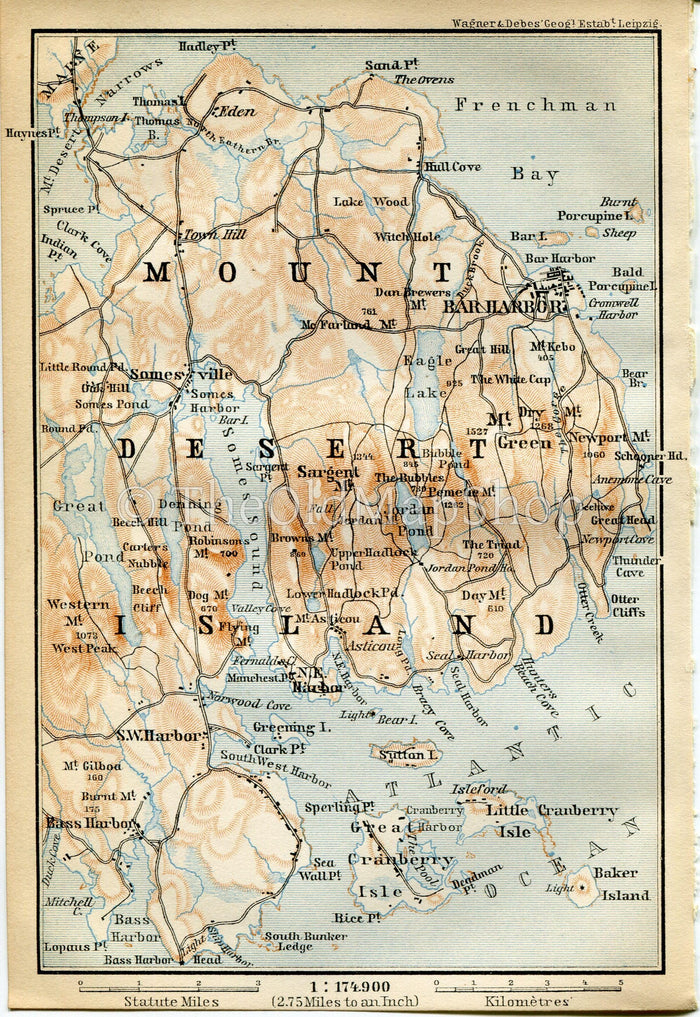 1899 Mount Desert Island, Bar Harbour, Mt Desert, Southwest Harbour, Great Cranberry Island, Main, United States, Antique Baedeker Map