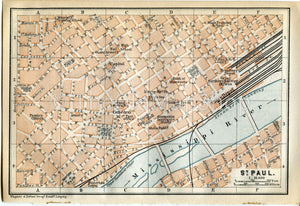 1899 Minneapolis, St Paul, Minnesota, United States, Antique Baedeker Map, Print