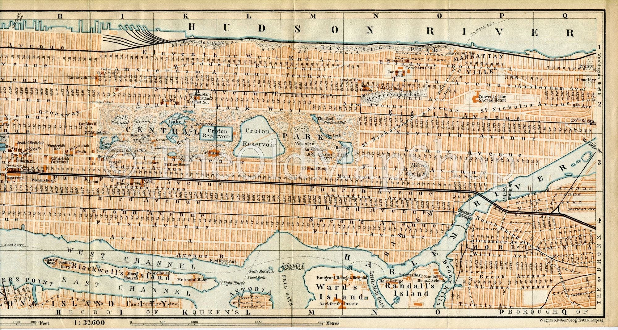 1899 Manhattan, New York, United States, Antique Baedeker Map, Plan, Print