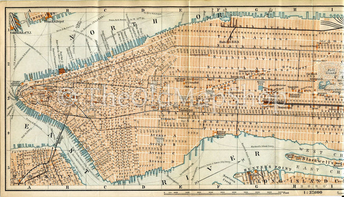 1899 Manhattan, New York, United States, Antique Baedeker Map, Plan, Print