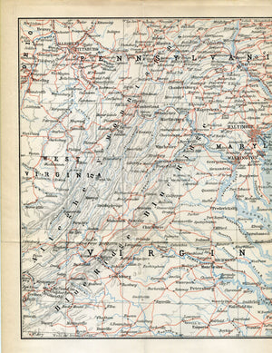 1899 Virginia, Maryland, New Jersey, Pennsylvania, Delaware, Philadelphia, Baltimore, Washington, United States, Antique Baedeker Map, Print