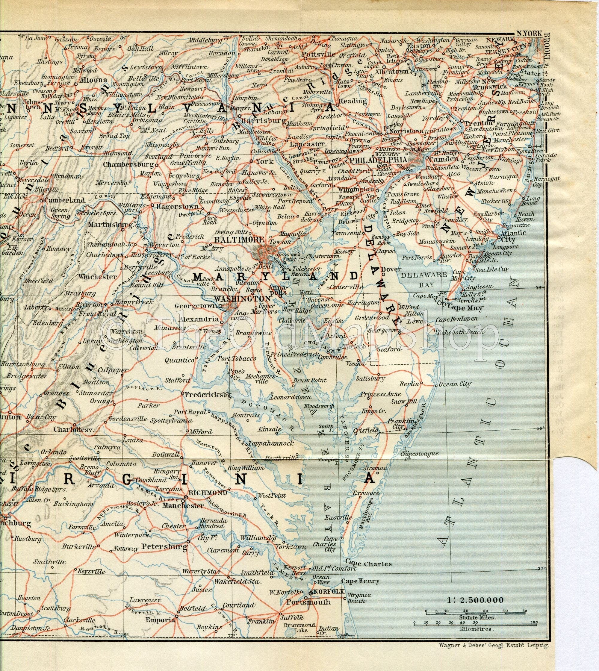 1899 Virginia, Maryland, New Jersey, Pennsylvania, Delaware, Philadelphia, Baltimore, Washington, United States, Antique Baedeker Map, Print