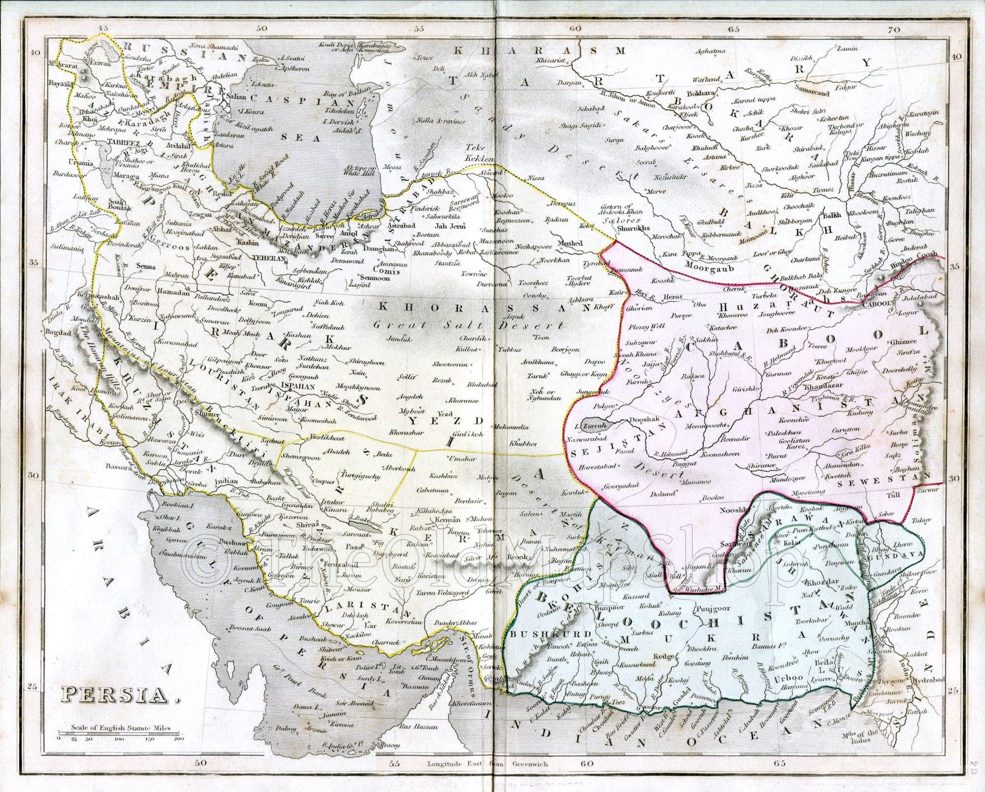 c.1840 Persia, Iran, Antique Map, Print by John Dower, Hand Colored