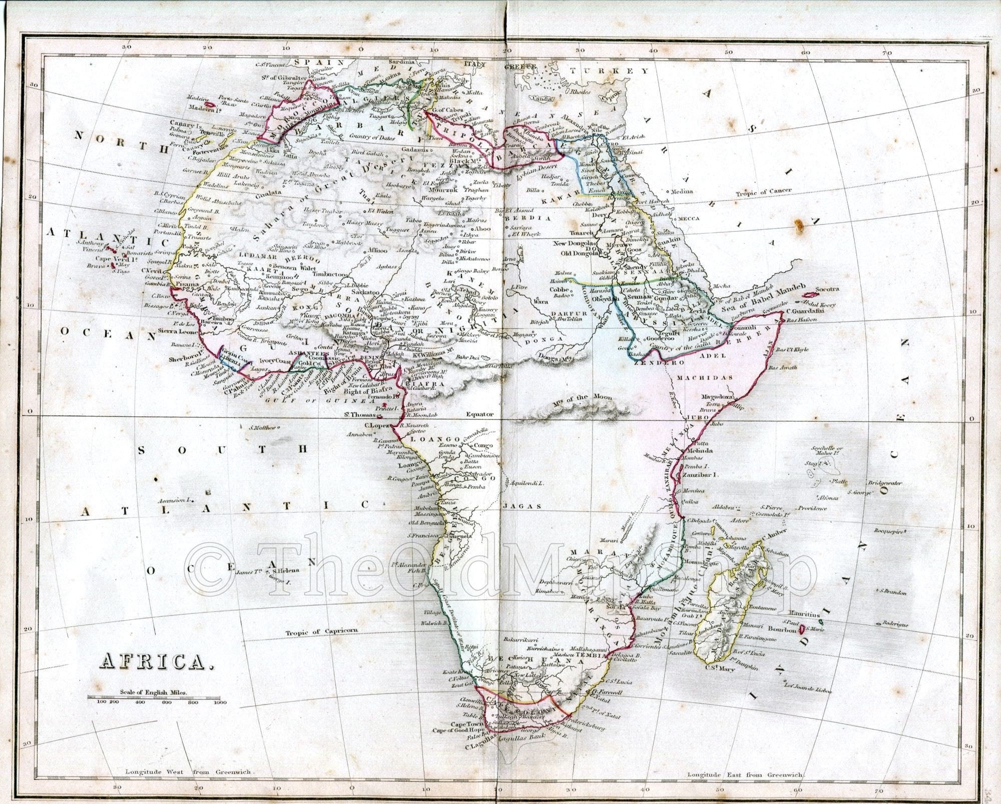 c.1840 Africa, Antique Map, Print by John Dower, Hand Colored