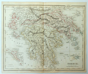 c.1840 Greece, Antique Map, Print by John Dower, Hand Colored
