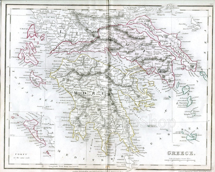 c.1840 Greece, Antique Map, Print by John Dower, Hand Colored
