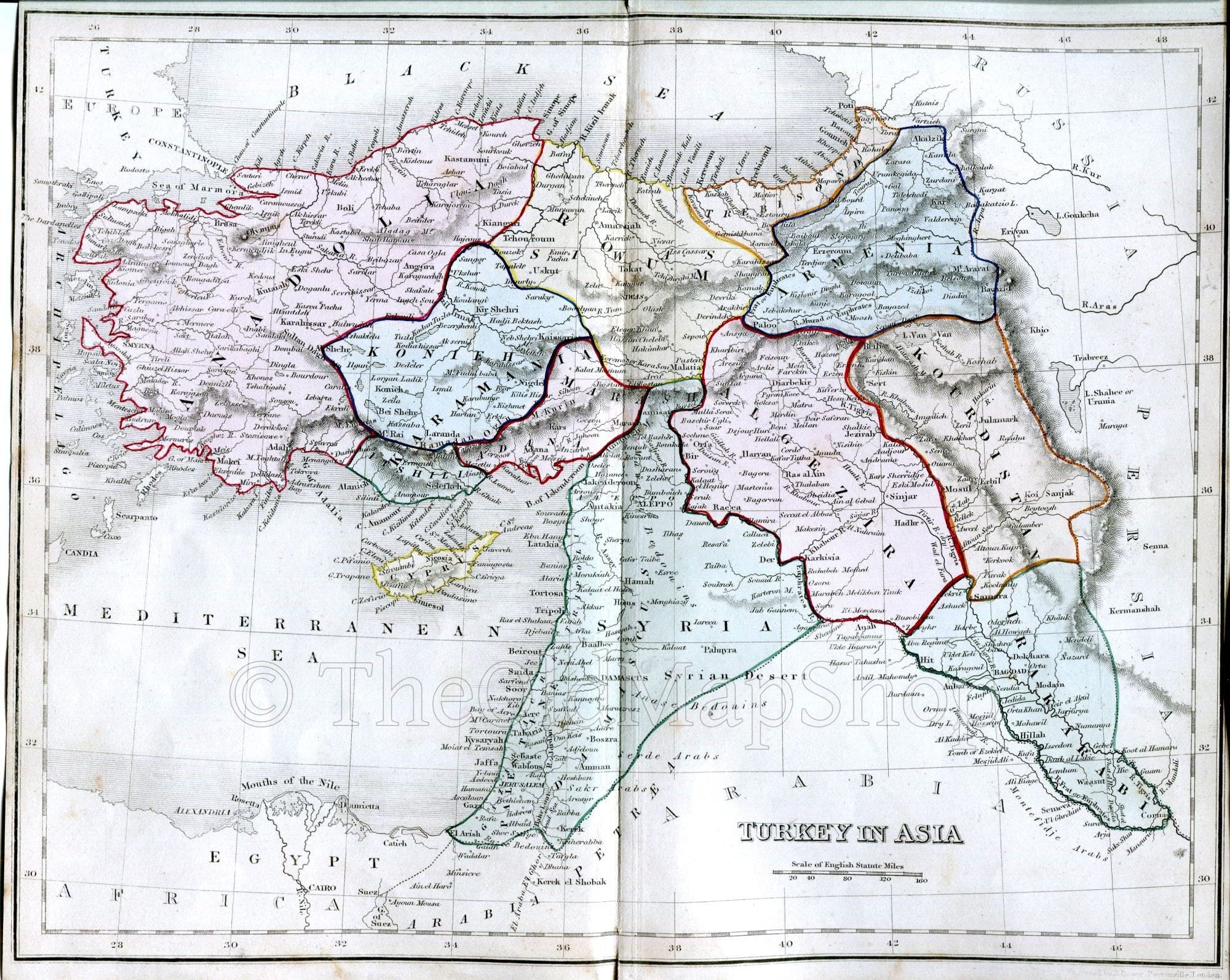 c.1840 Turkey in Asia, Antique Map, Print by John Dower, Hand Colored