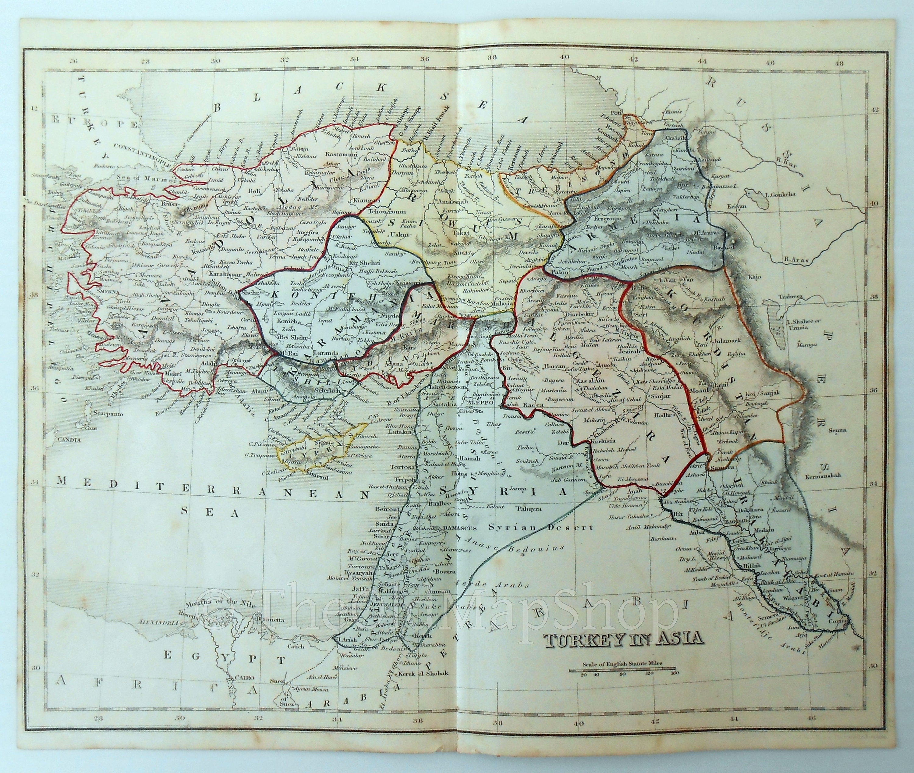 c.1840 Turkey in Asia, Antique Map, Print by John Dower, Hand Colored