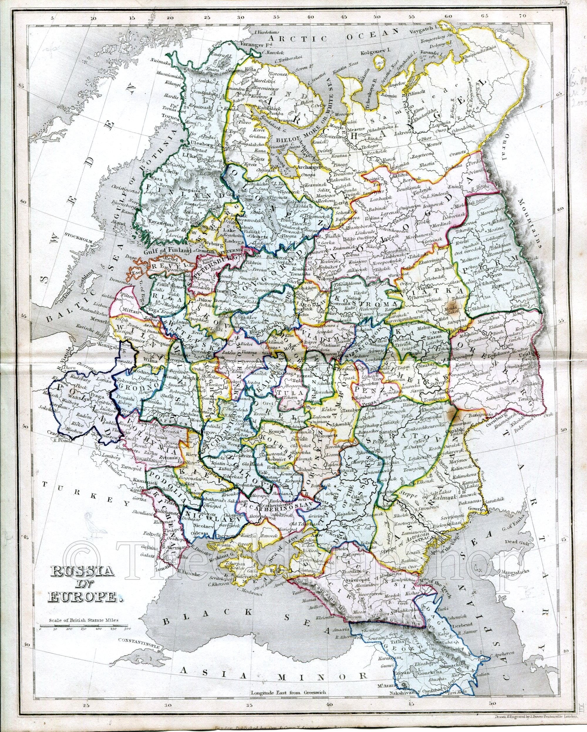 c.1840 Russia in Europe, Antique Map, Print by John Dower, Hand Colored