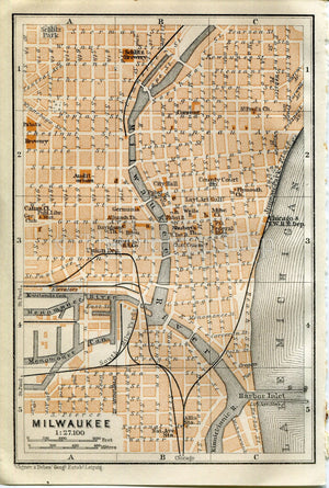 1909 Milwaukee, Wisconsin, Antique Baedeker Map, Print