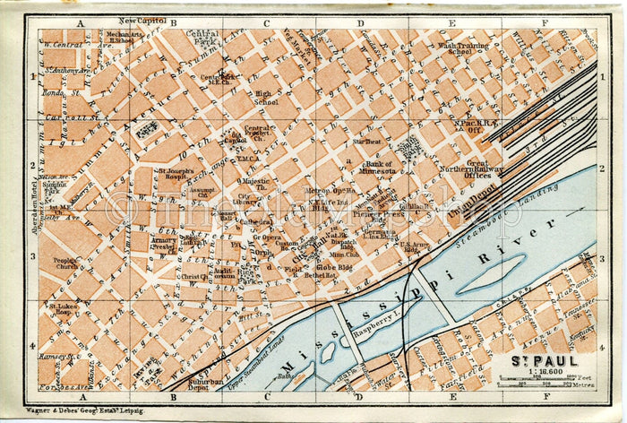 1909 St. Paul, Minnesota, Antique Baedeker Map, Print