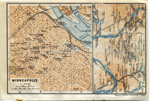 1909 Minneapolis, St Paul, Minnesota, Antique Baedeker Map, Print