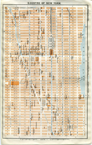 1909 New York City Centre, Manhattan, Antique Baedeker Map, Print