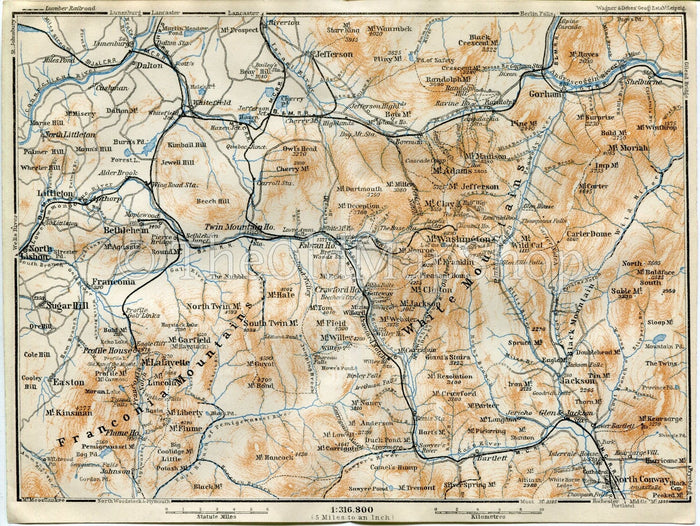 1909 Franconia Mountains, White Mountains, New Hampshire, Antique Baedeker Map, Print
