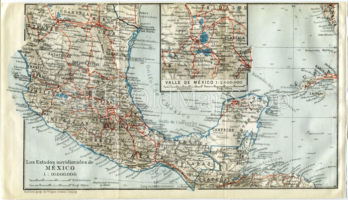 1909 Mexico, Antique Baedeker Map, Print