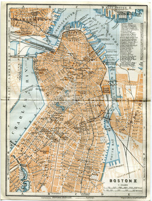1909 Boston, Massachusetts, Antique Baedeker Map
