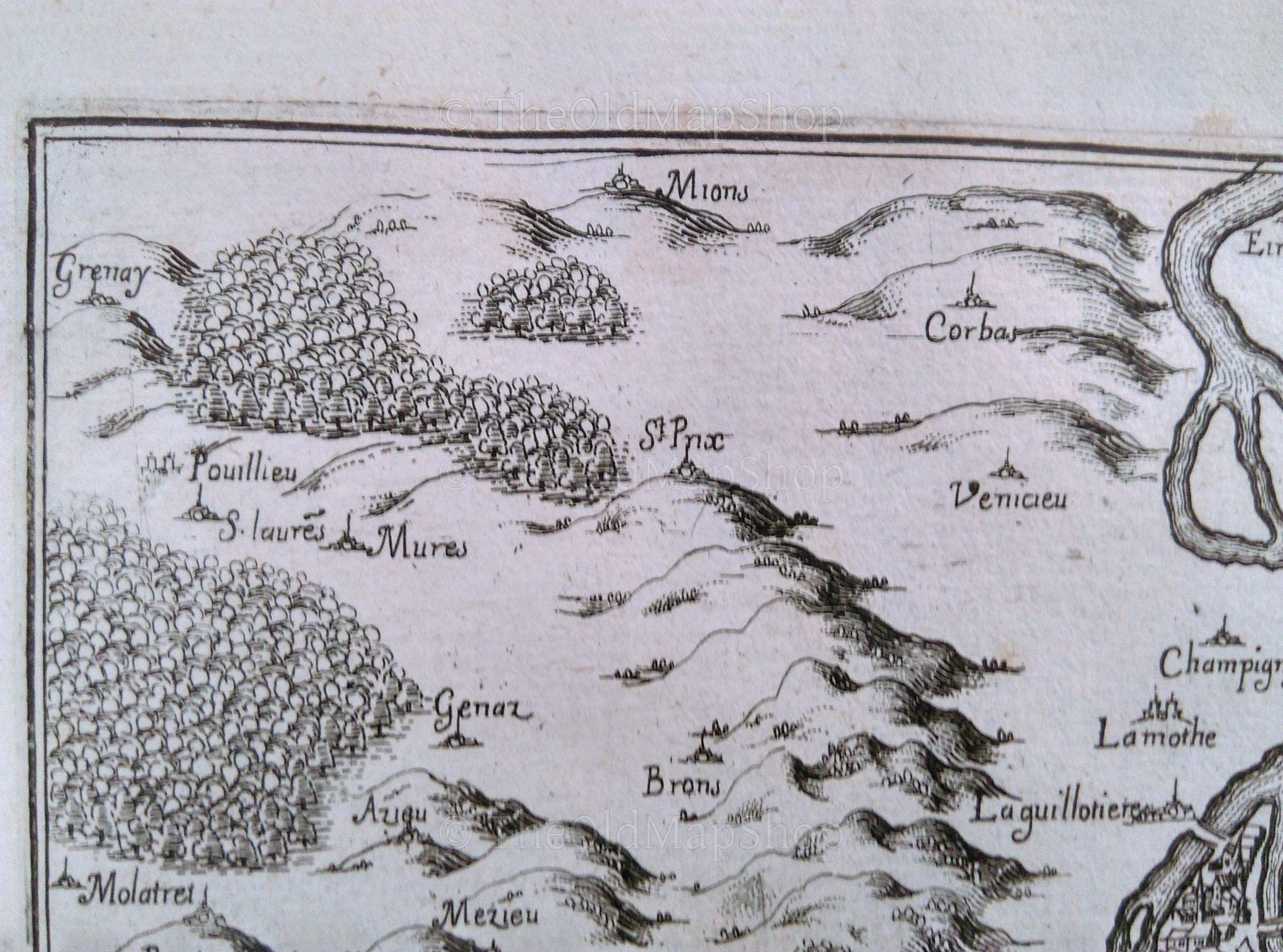 1634 Nicolas Tassin Map Lyon, Montluel, Rhone Alpes, France Rare Antique