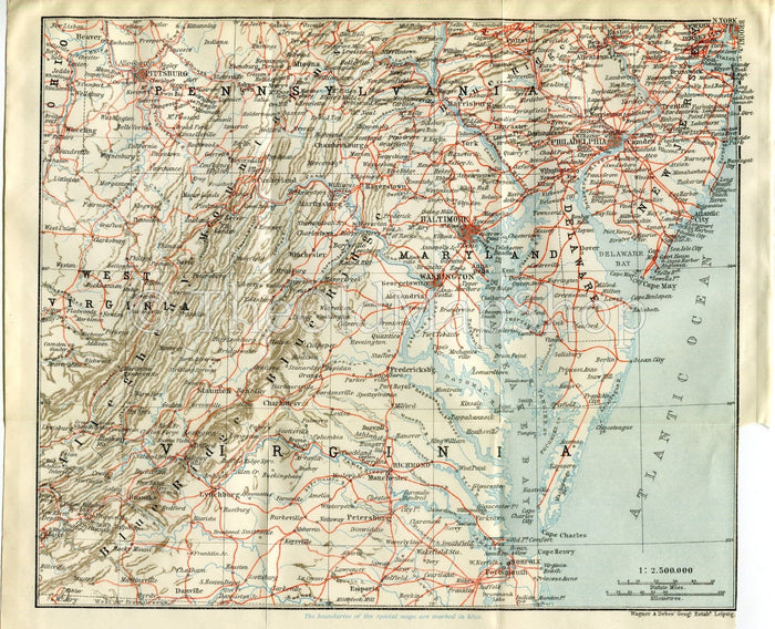 1909 Virginia, Delaware, Maryland, Pennsylvania, Washington, Philadelphia, Pittsburg, Antique Baedeker Map, Print