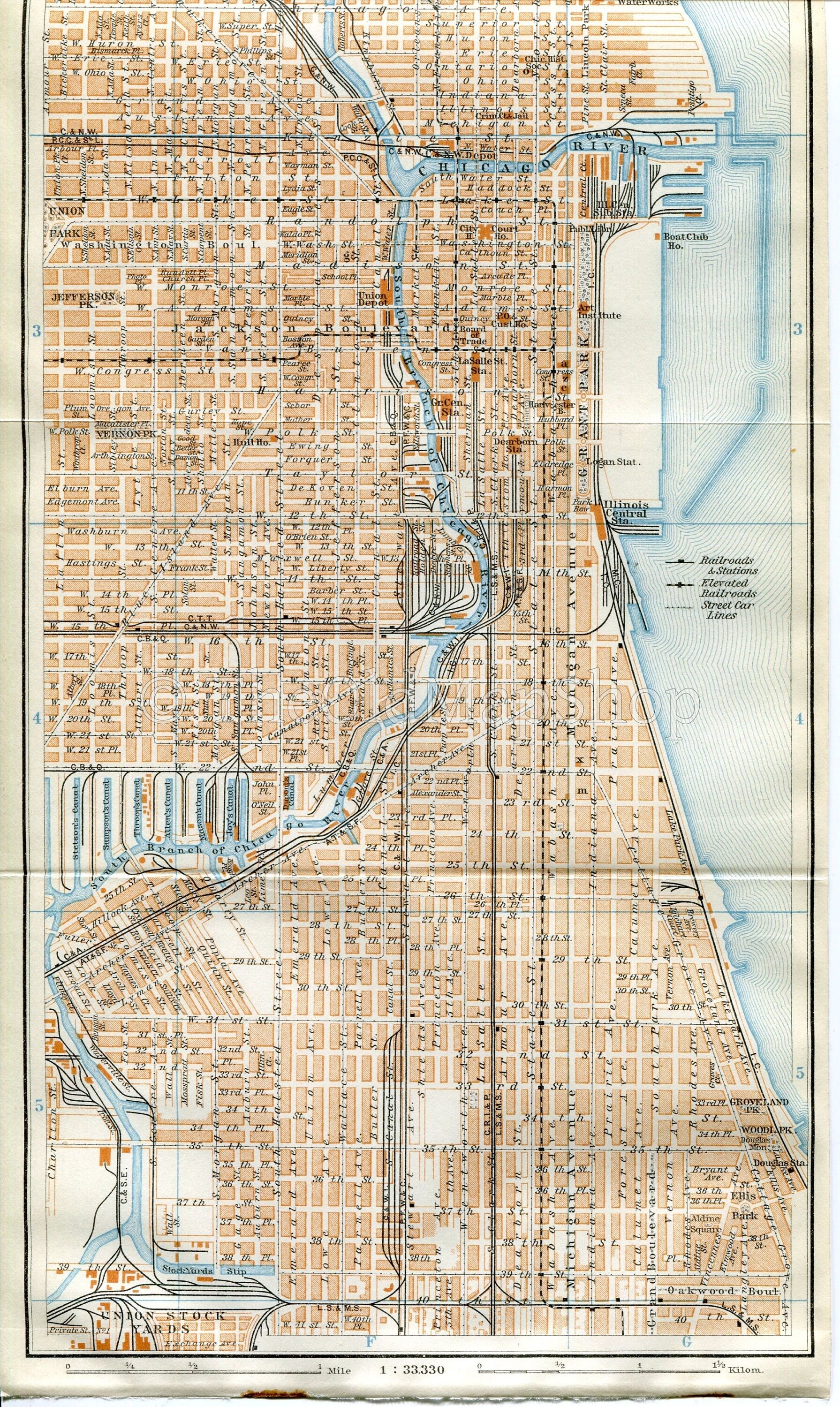 1909 Chicago, Illinois, Antique Baedeker Map Print