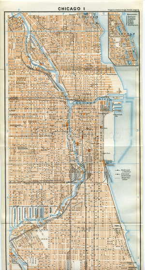 1909 Chicago, Illinois, Antique Baedeker Map Print