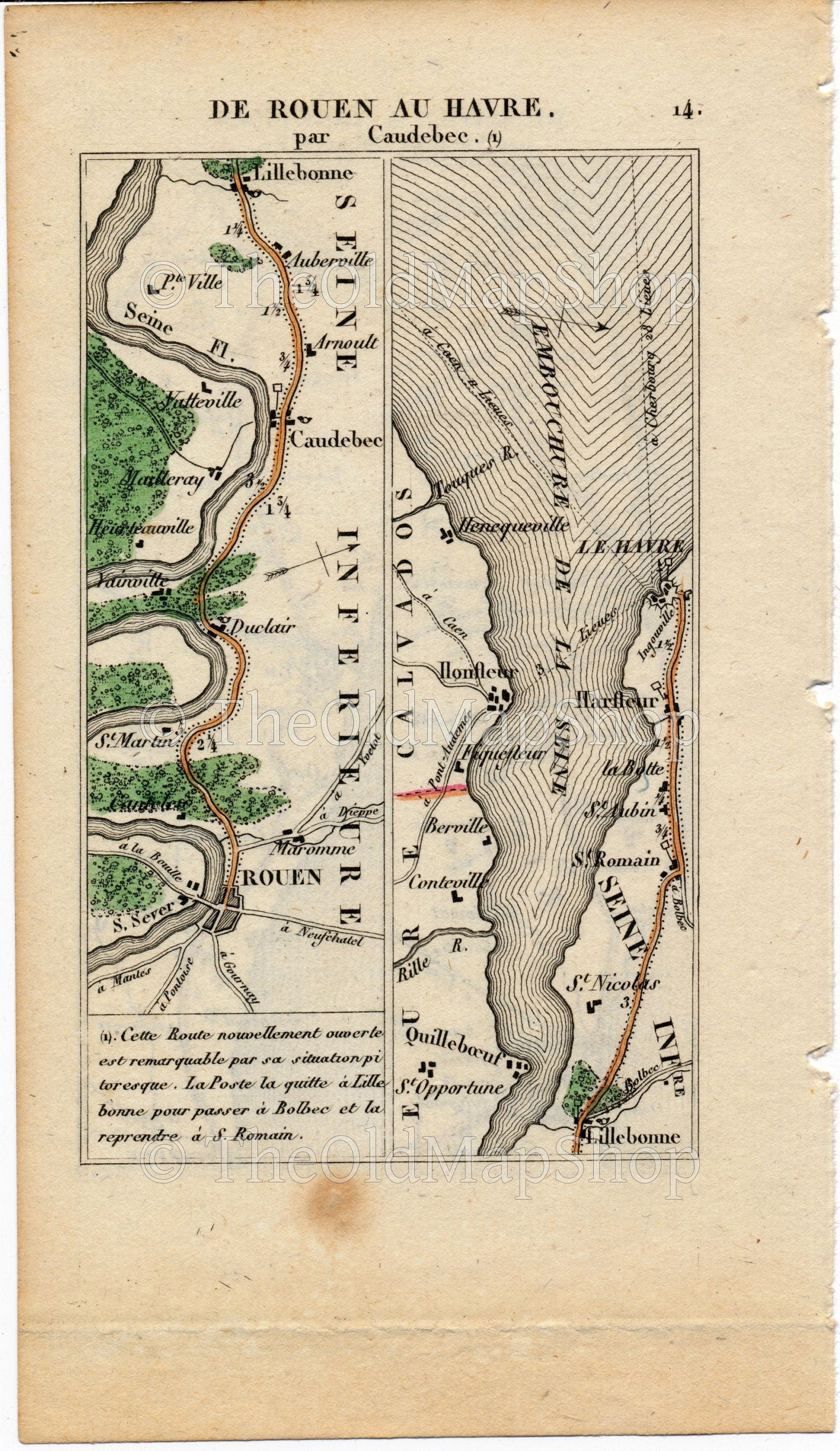 Rare 1826 A M Perrot Road Map - Dieppe, Fecamp, Abbeville, Le Treport, Rouen, Duclair, Lillebonne, Honfleur, Le Havre, France 13/14