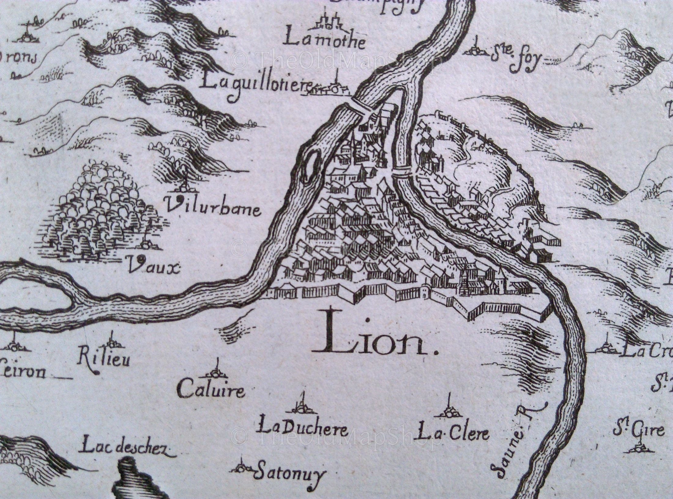 1634 Nicolas Tassin Map Lyon, Montluel, Rhone Alpes, France Rare Antique
