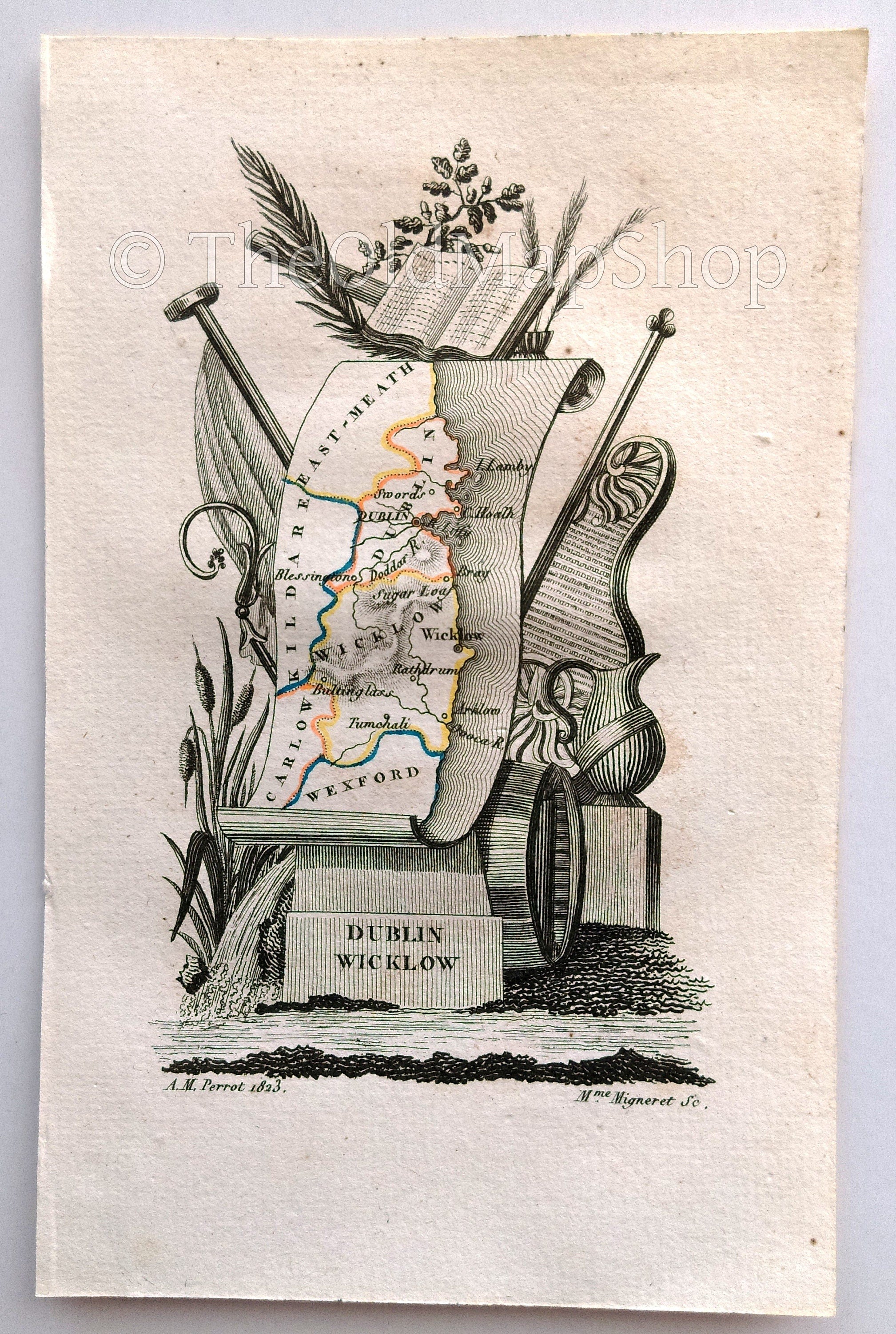 1823 Scarce A. M. Perrot Antique County Map, Dublin, Wicklow, Ireland