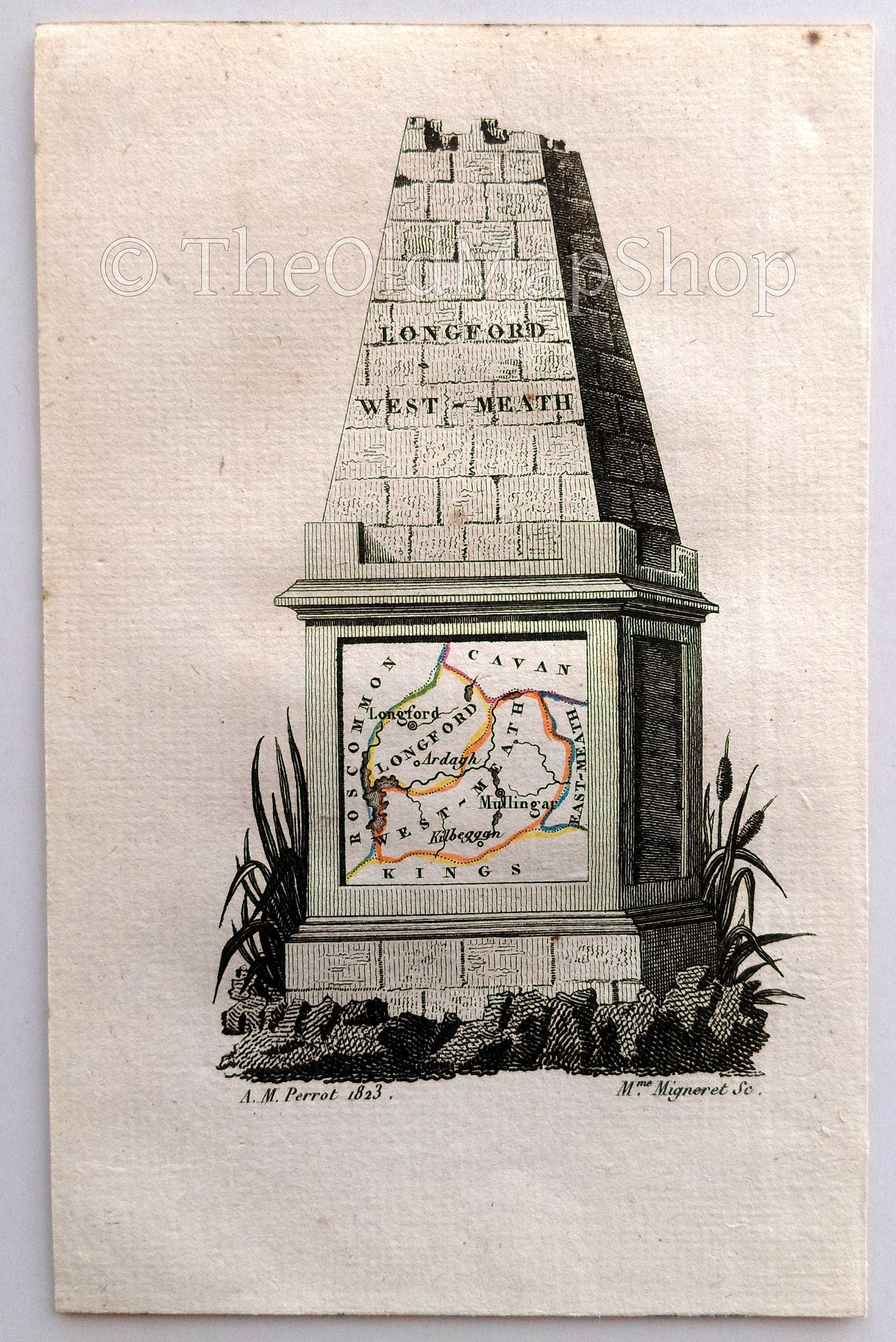 1823 Scarce A. M. Perrot Antique County Map, Longford, West Meath, Ireland