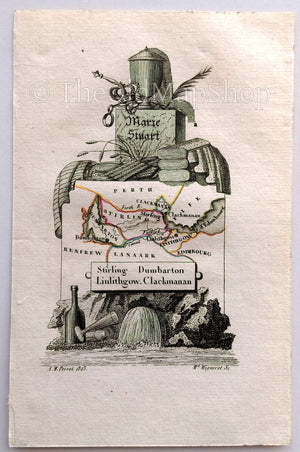 1823 Scarce A. M. Perrot Antique County Map, Stirling, Dumbarton, Linlithgow, Clackmanan, Scotland