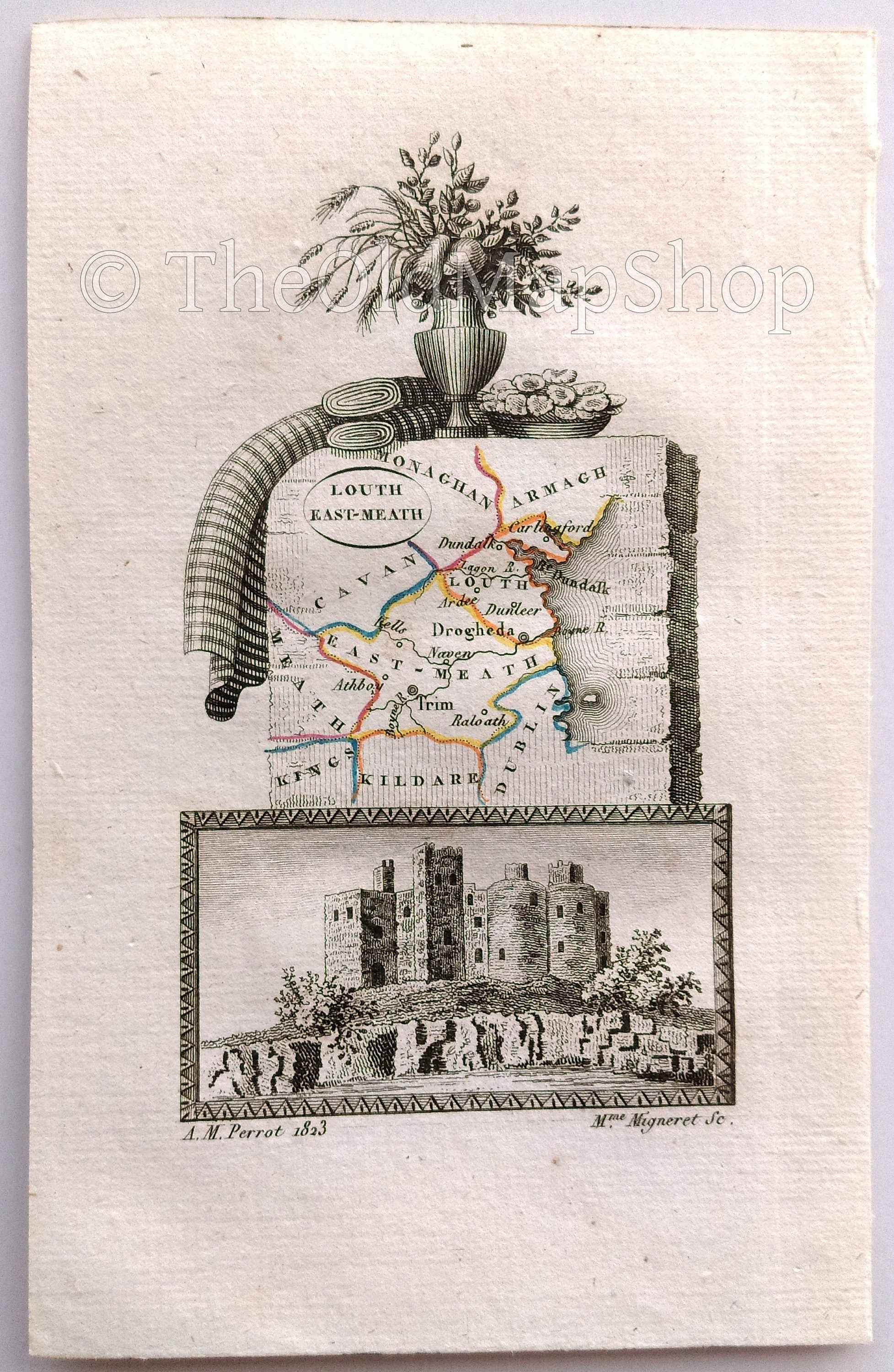 1823 Scarce A. M. Perrot Antique County Map, Louth, East Meath, Ireland