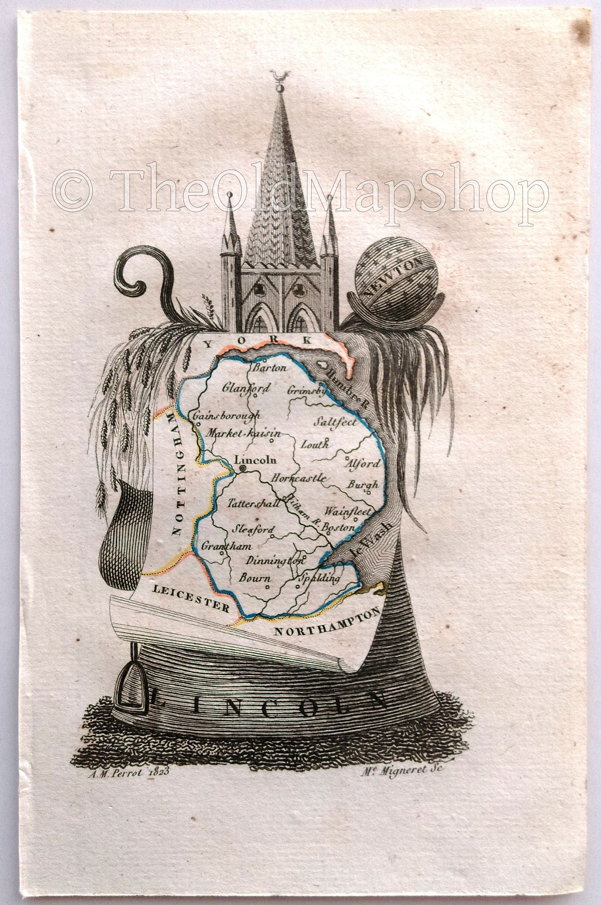 1823 Scarce A. M. Perrot Antique County Map, Lincoln, Lincolnshire, England