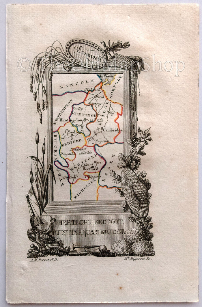 1823 Scarce A. M. Perrot Antique County Map, Hertfordshire, Bedfordshire, Huntingdon, Cambridgeshire, England