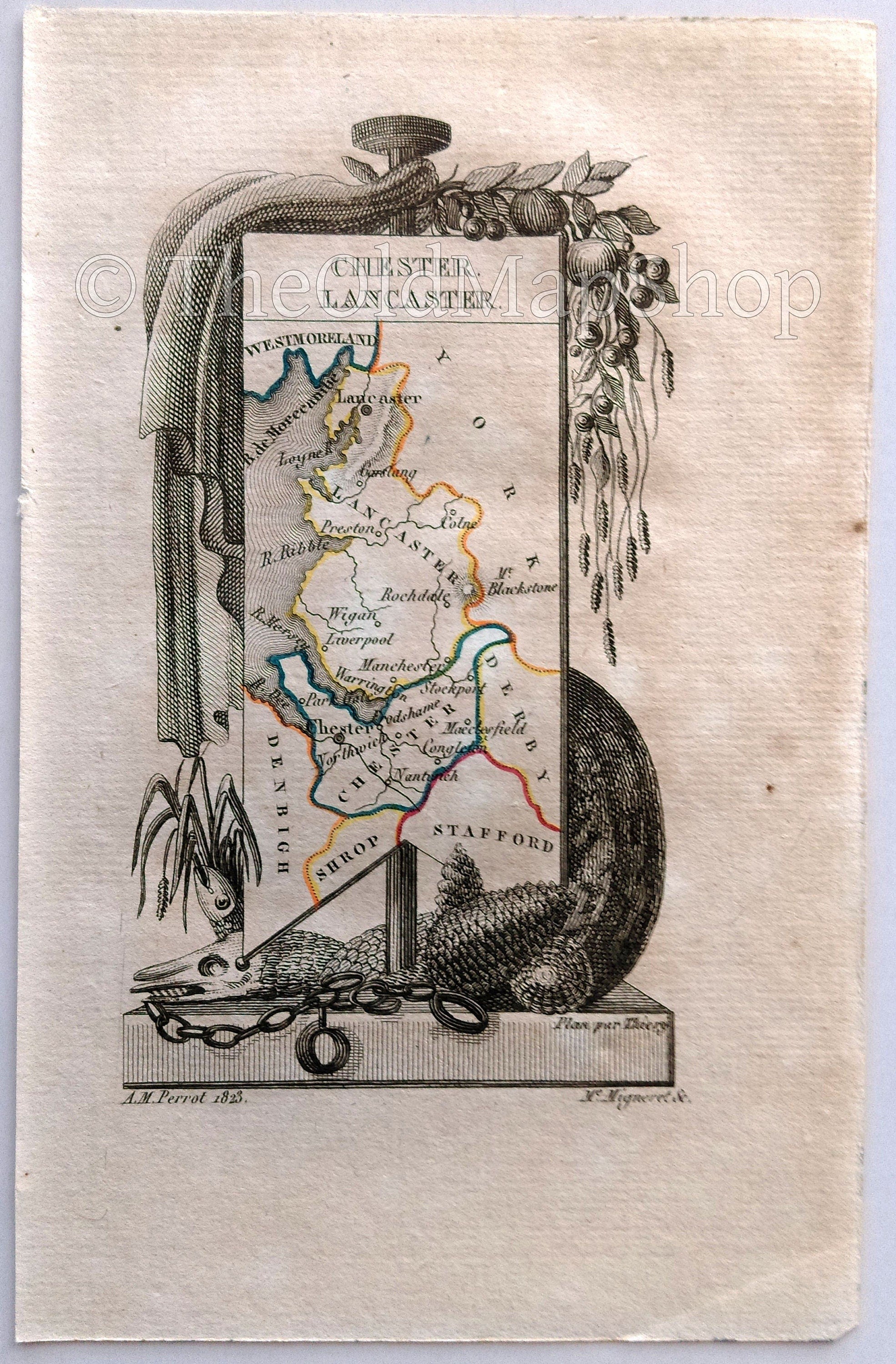 1823 Scarce A. M. Perrot Antique County Map, Cheshire, Lancashire, England