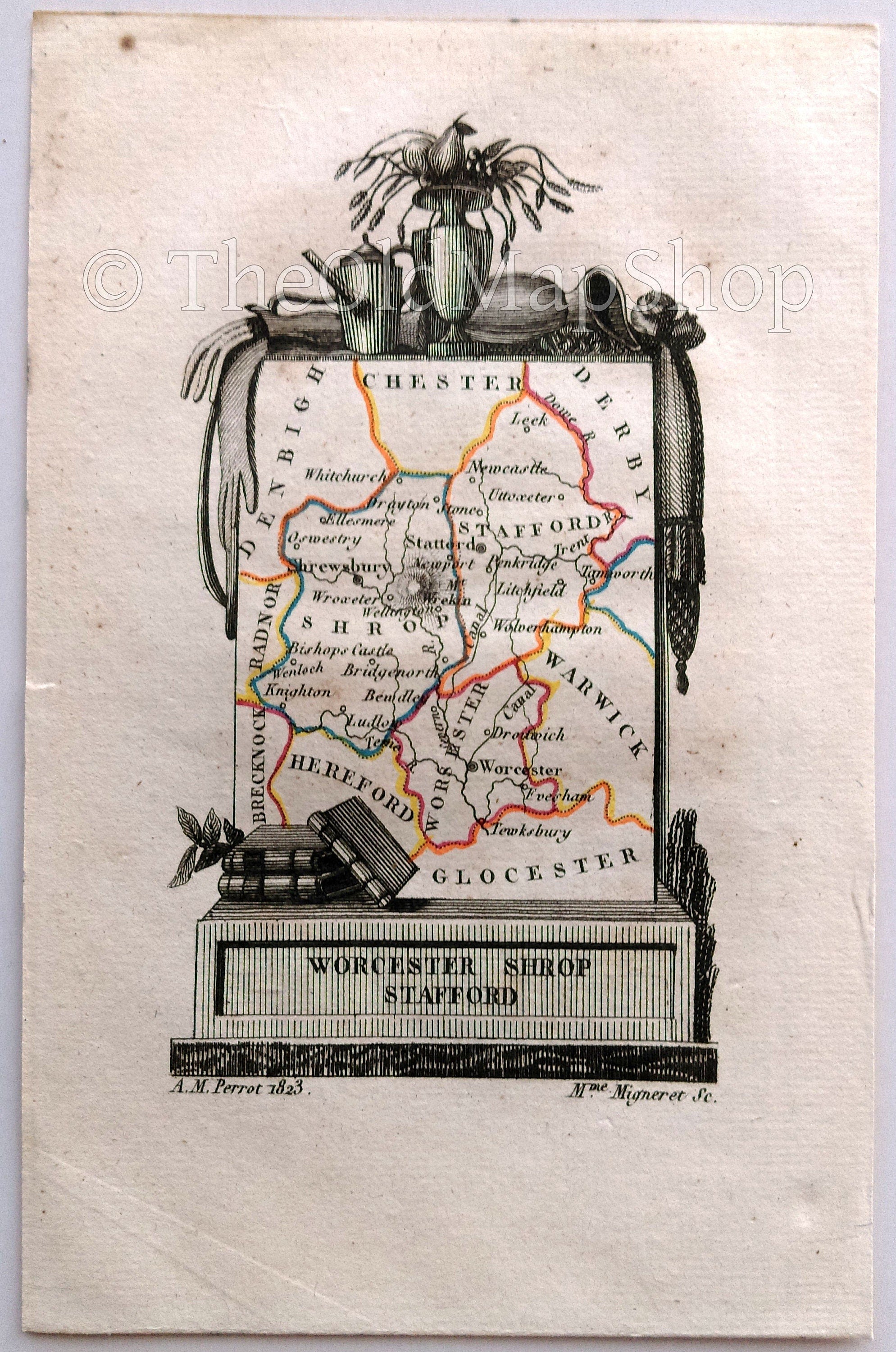 1823 Scarce A. M. Perrot Antique County Map, Worcestershire, Shropshire, Staffordshire, Worcester, Stafford, England