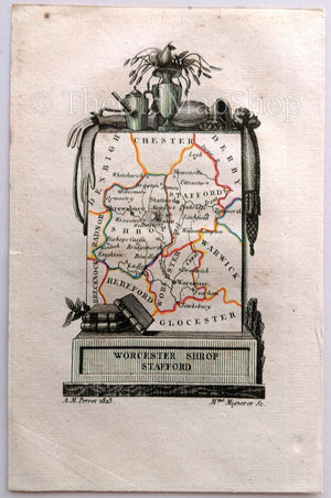 1823 Scarce A. M. Perrot Antique County Map, Worcestershire, Shropshire, Staffordshire, Worcester, Stafford, England