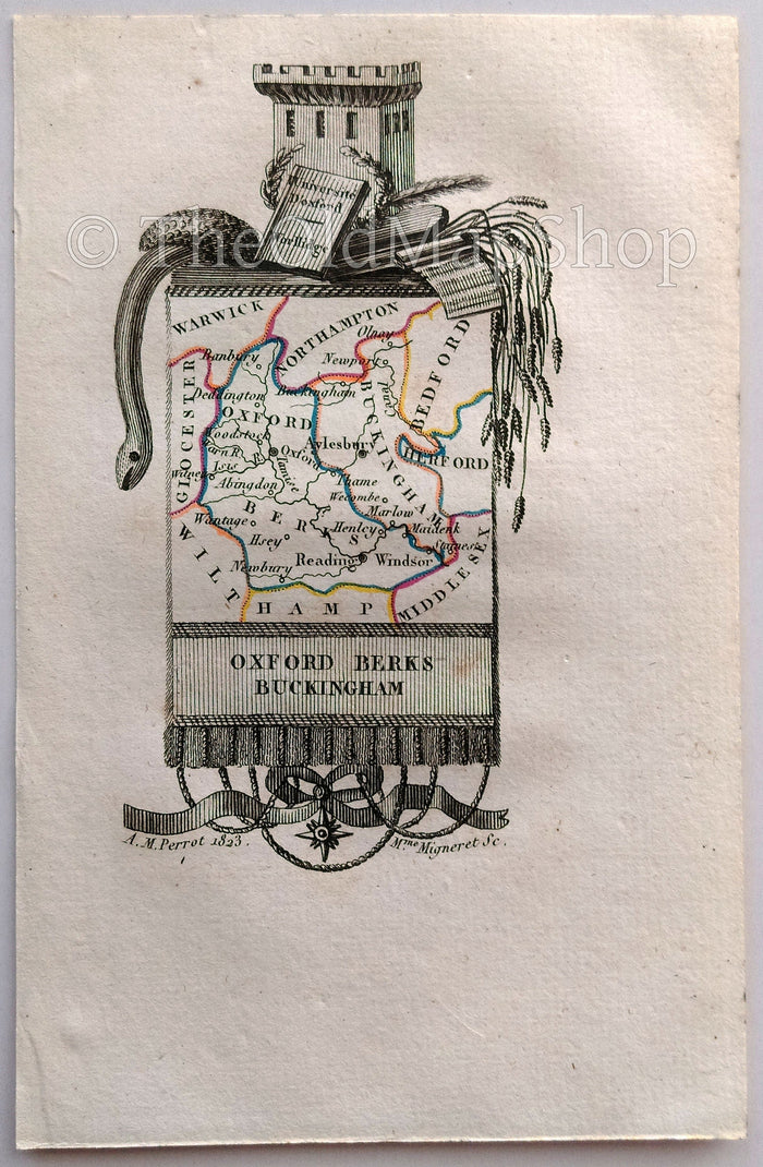 1823 Scarce A. M. Perrot Antique County Map, Oxfordshire, Berkshire, Buckinghamshire, Oxford, Buckingham, England