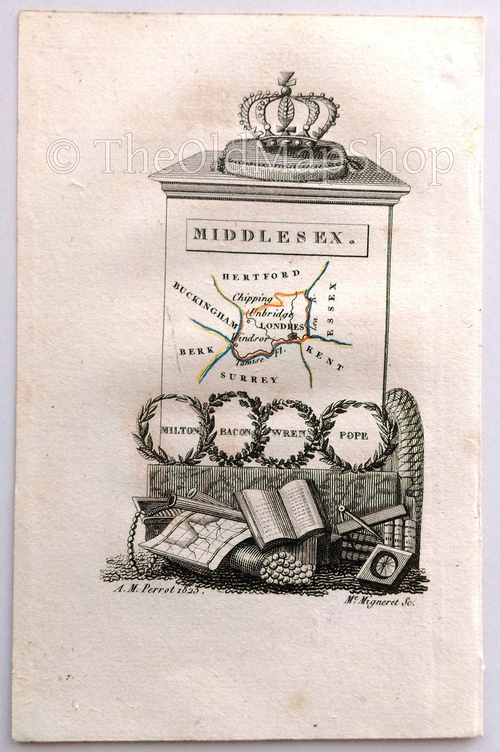 1823 Scarce A. M. Perrot Antique County Map, Middlesex, London, England