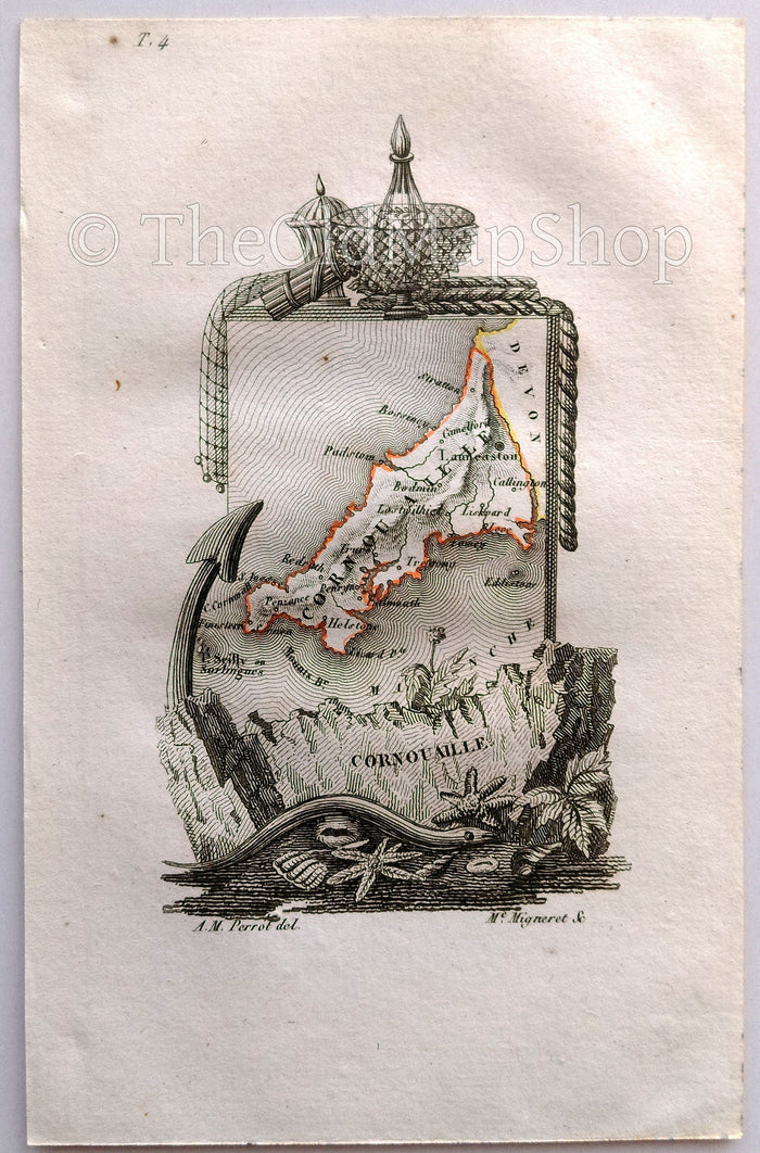 1823 Scarce A. M. Perrot Antique County Map, Cornwall, England