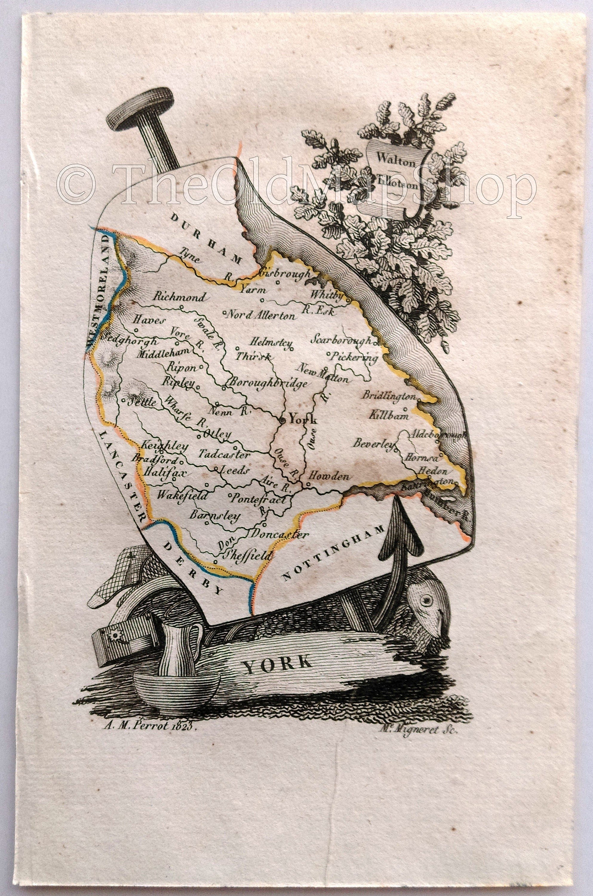 1823 Scarce A. M. Perrot Antique County Map, York, Yorkshire, England