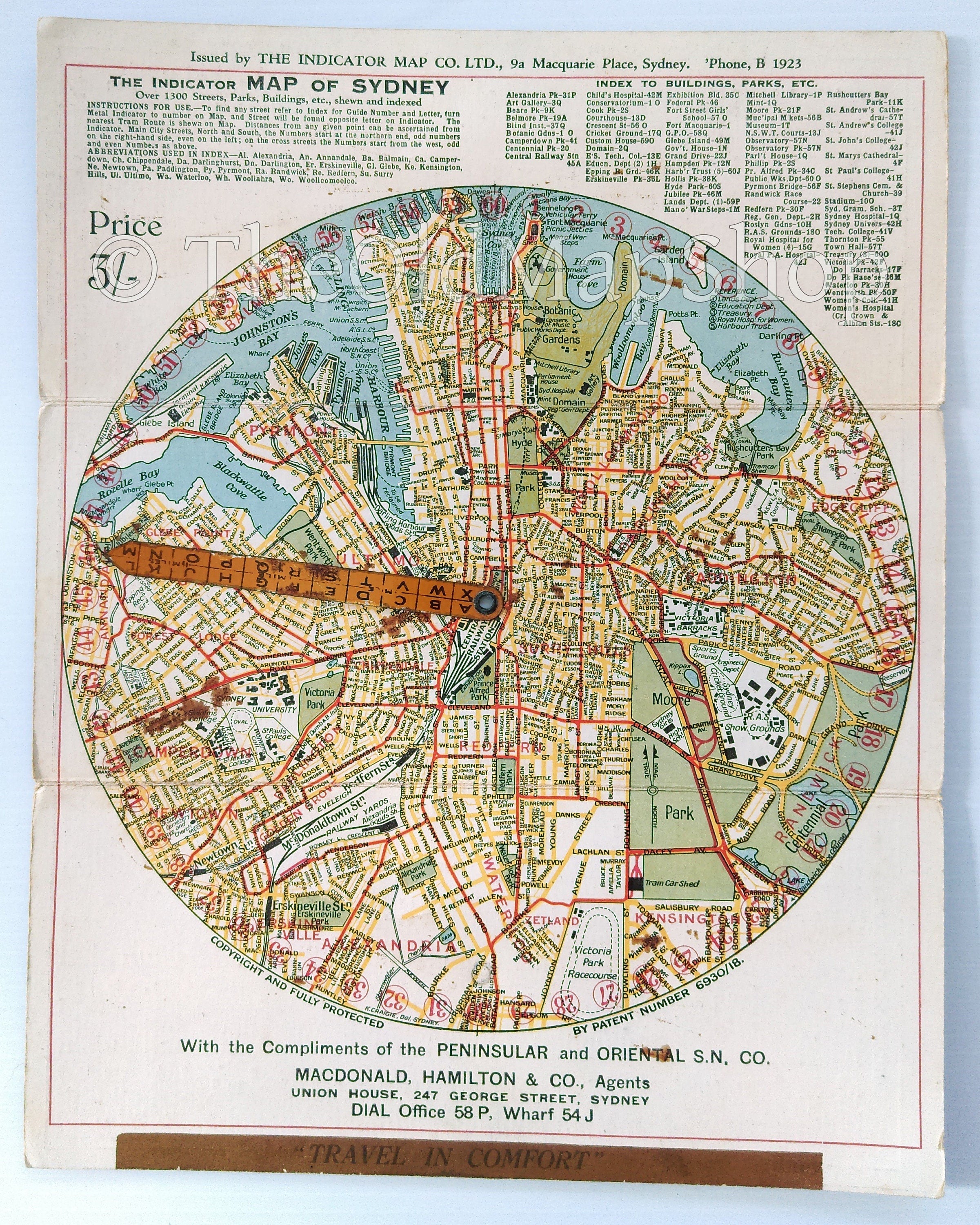 c.1925 The Indicator Map of Sydney, Australia (Rare Sydney Map) Tourist, Visitor, Road, Street, Guide Map