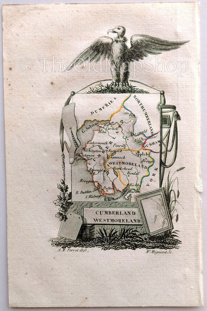 1823 Scarce A. M. Perrot Antique County Map, Cumberland, Westmoreland, England