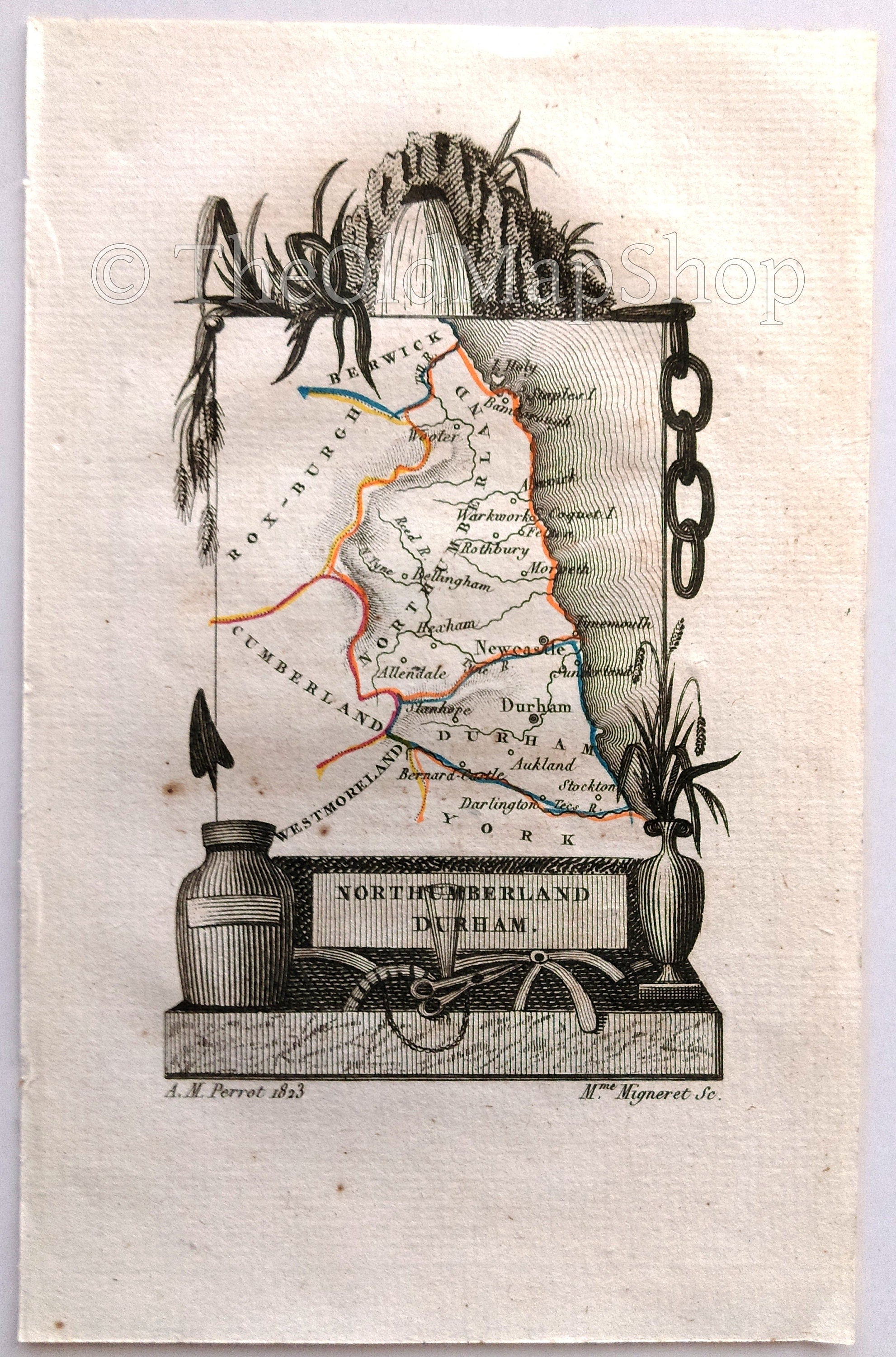 1823 Scarce A. M. Perrot Antique County Map, Northumberland, Durham, England