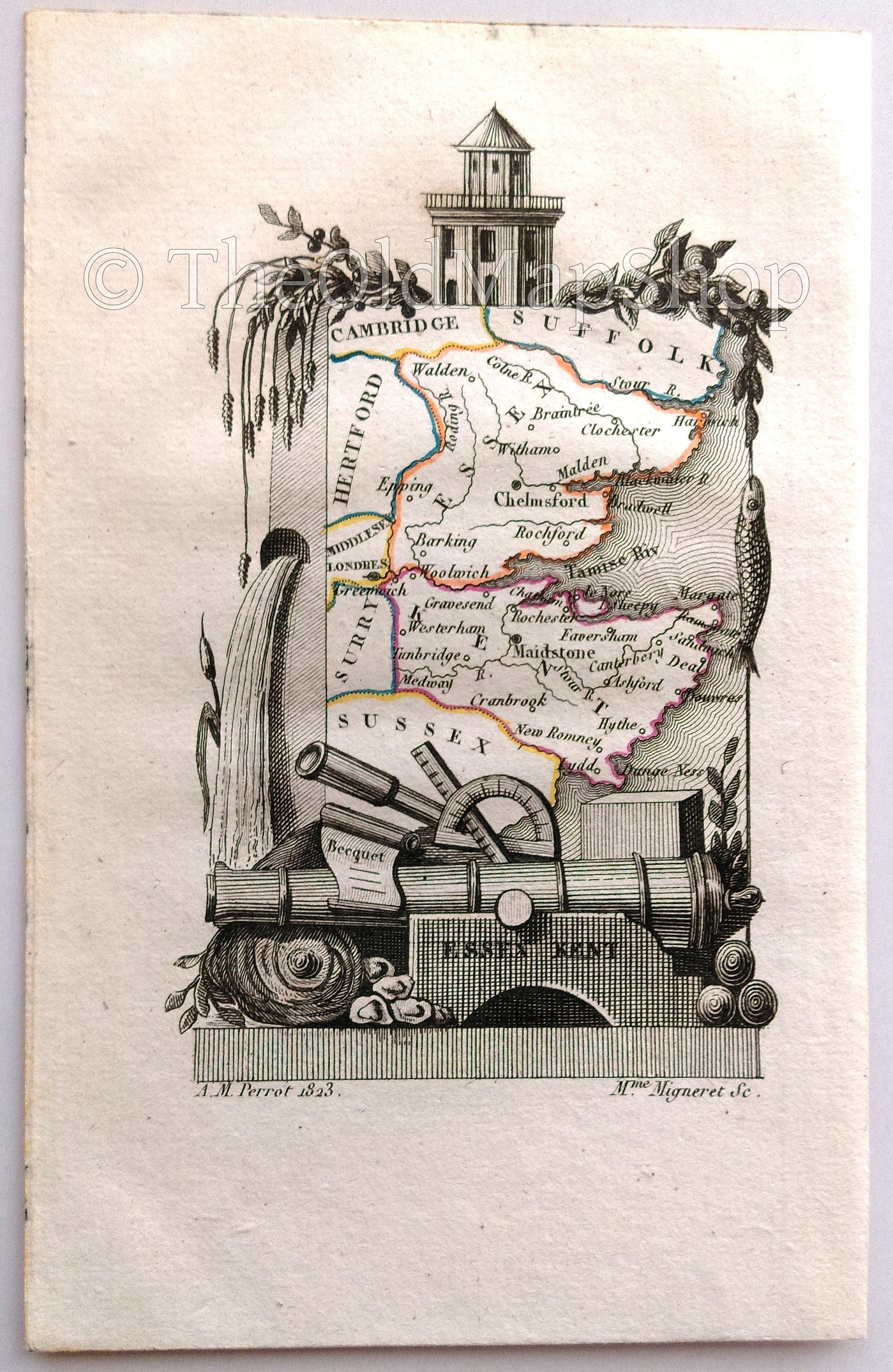 1823 Scarce A. M. Perrot Antique County Map, Essex, Kent, England