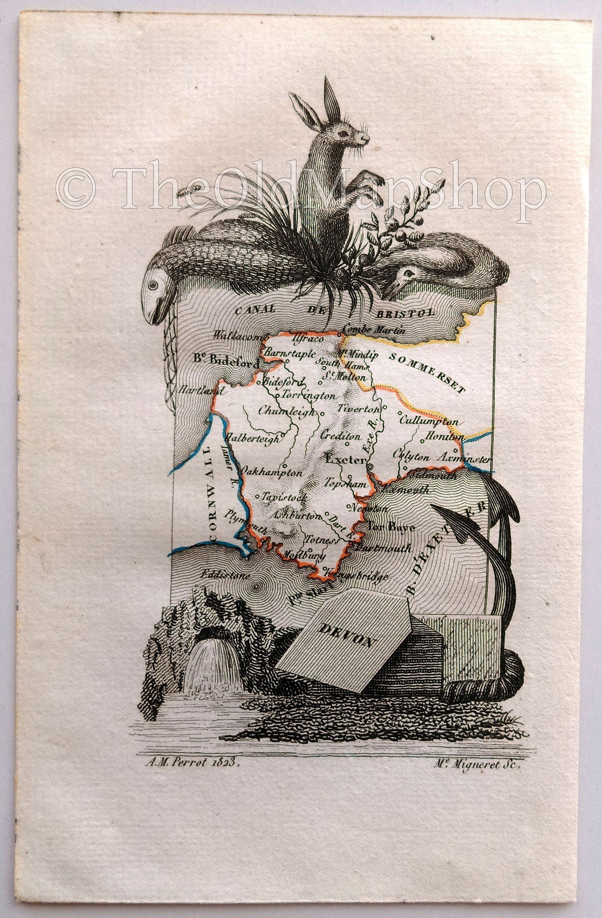 1823 Scarce A. M. Perrot Antique County Map, Devonshire, Devon, England