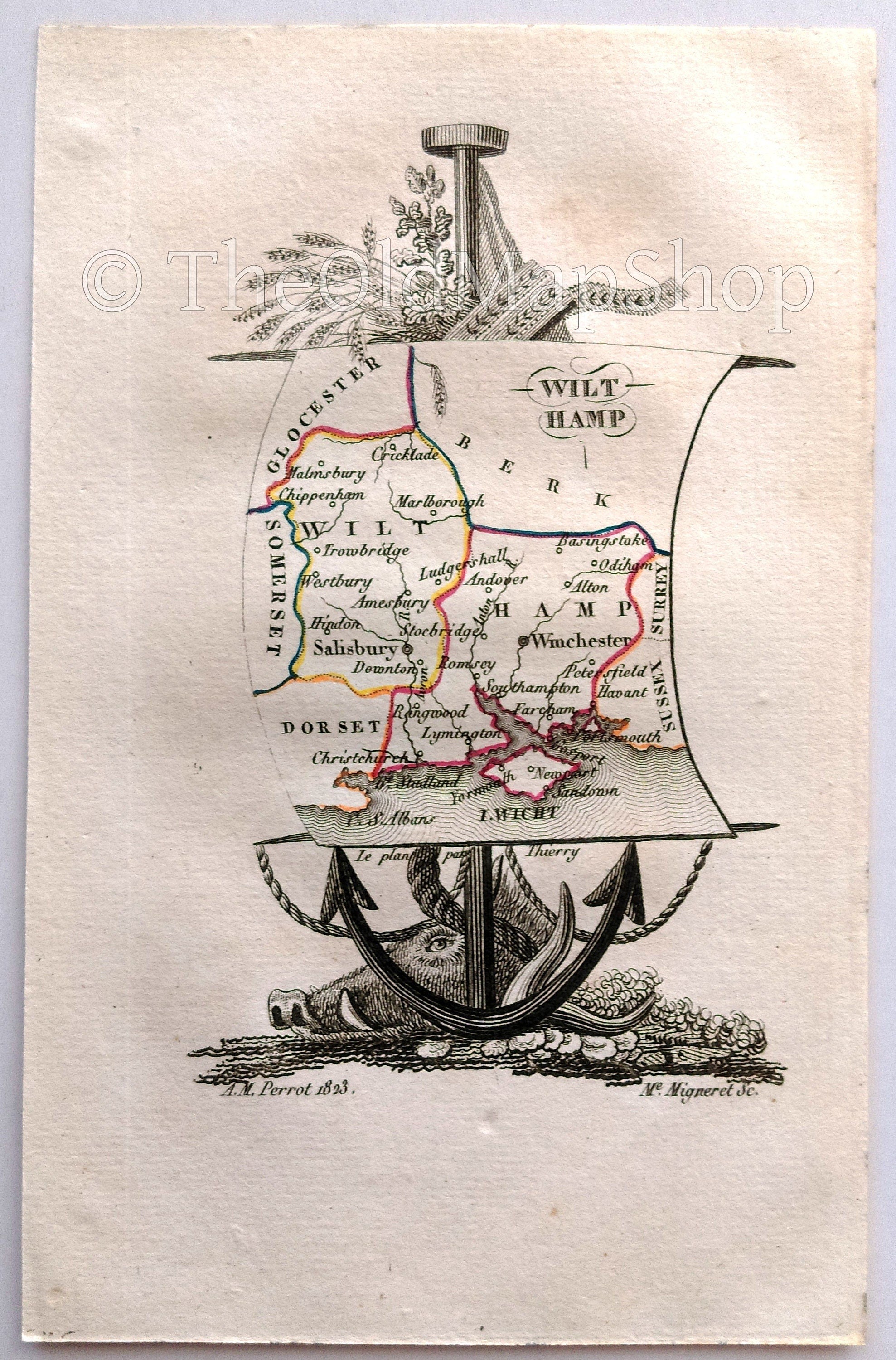 1823 Scarce A. M. Perrot Antique County Map, Wiltshire, Hampshire, England