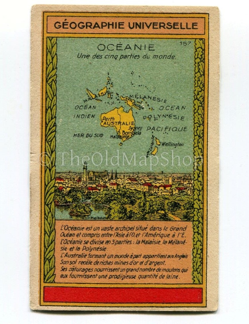 Oceania, Australia, New Zealand, Antique Map c.1920 - A scarce advertising card for La Belle Jardiniere, shopping center, Paris France