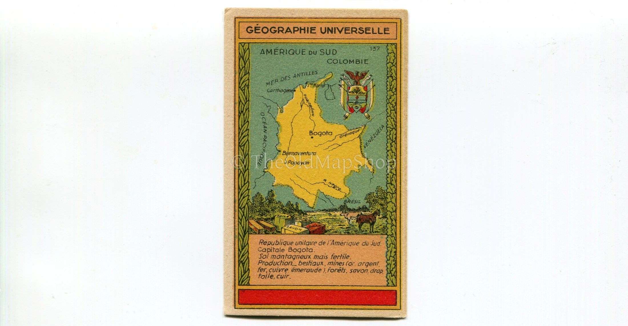 Colombia, South America, Antique Map c.1920 - A scarce advertising card for La Belle Jardiniere, shopping center, Paris France